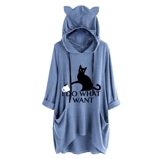 Oversize Women Casual Hoodies  Cat Ear Hooded Long Sleeves Roll Up Sleeve