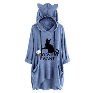 Oversize Women Casual Hoodies  Cat Ear Hooded Long Sleeves Roll Up Sleeve