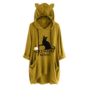 Oversize Women Casual Hoodies  Cat Ear Hooded Long Sleeves Roll Up Sleeve