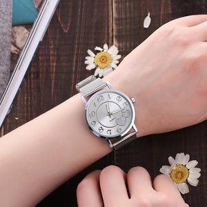 Women Silver & Gold Mesh Love Heart Dial Wristwatches