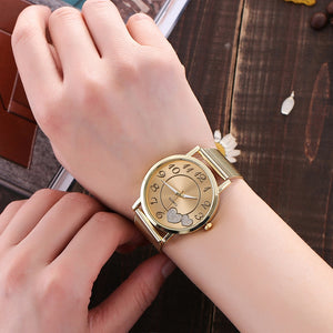 Women Silver & Gold Mesh Love Heart Dial Wristwatches