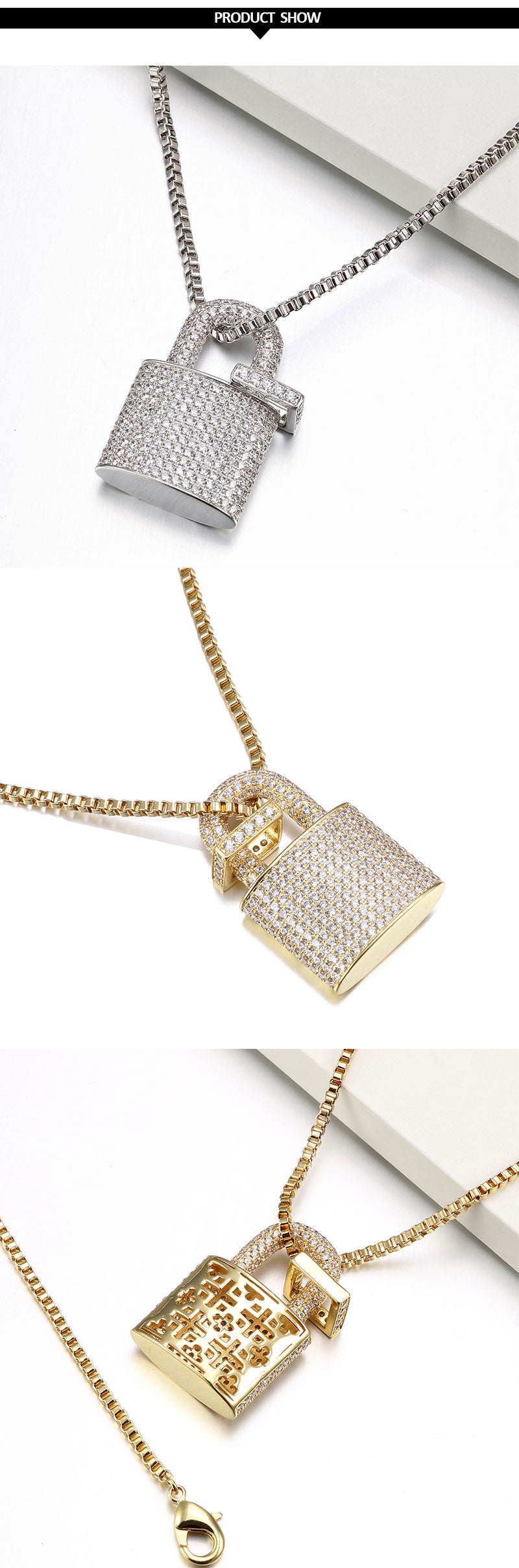 VANAXIN Micro Paved Crystal Lock Pendant Necklace Silver/Gold Color Fine Jewelry