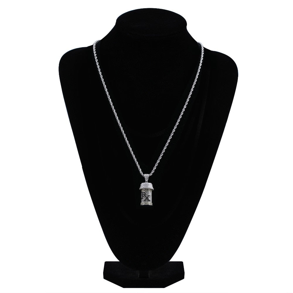 Hip Hop Detachable Medicine Bottle Pendant Necklace Jewelry Gold Silver Color Cubic Zircon