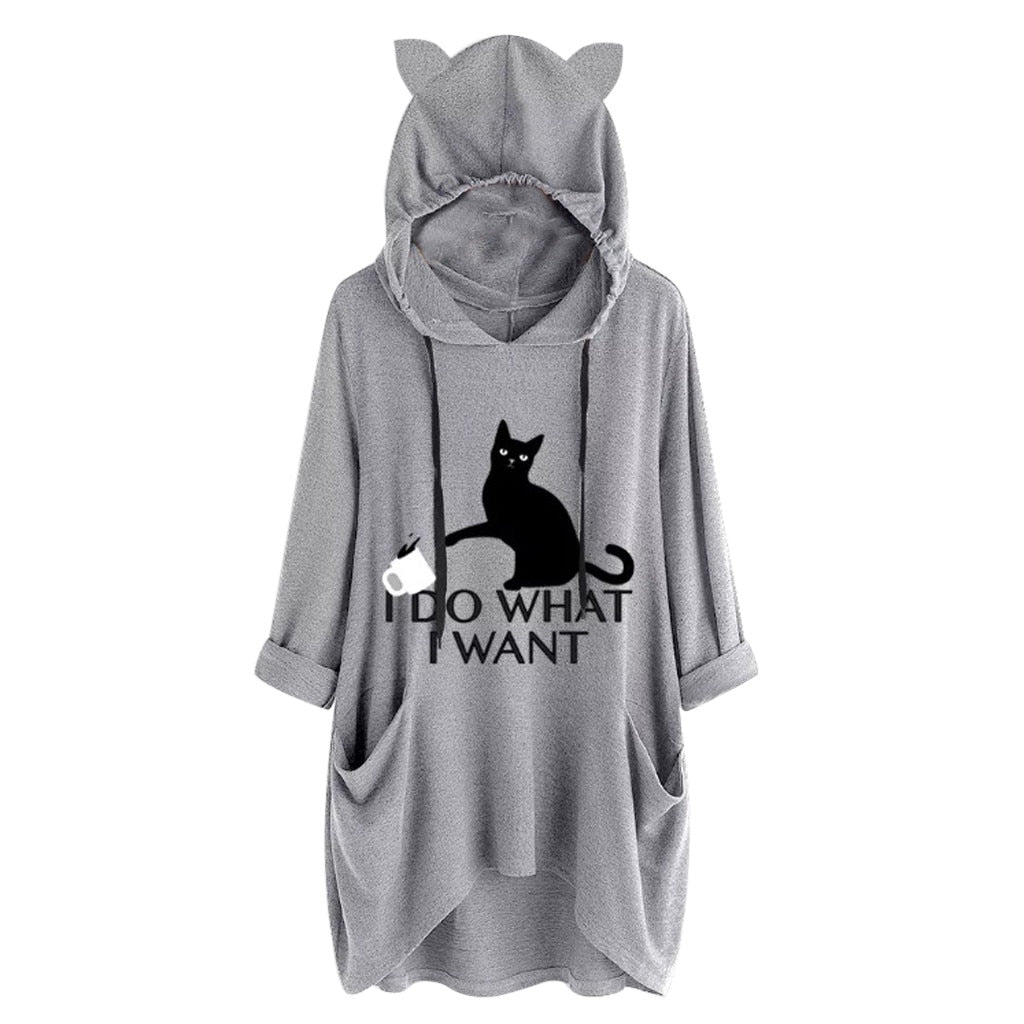 Oversize Women Casual Hoodies  Cat Ear Hooded Long Sleeves Roll Up Sleeve