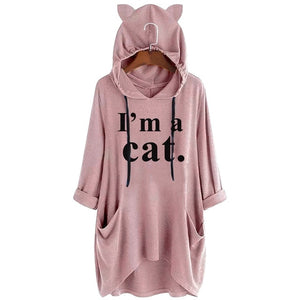 Oversize Women Casual Hoodies  Cat Ear Hooded Long Sleeves Roll Up Sleeve