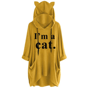 Oversize Women Casual Hoodies  Cat Ear Hooded Long Sleeves Roll Up Sleeve