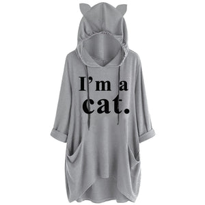 Oversize Women Casual Hoodies  Cat Ear Hooded Long Sleeves Roll Up Sleeve