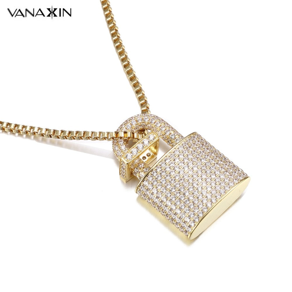 VANAXIN Micro Paved Crystal Lock Pendant Necklace Silver/Gold Color Fine Jewelry