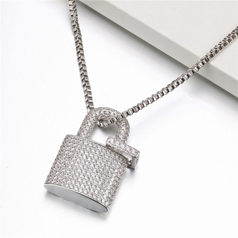 VANAXIN Micro Paved Crystal Lock Pendant Necklace Silver/Gold Color Fine Jewelry