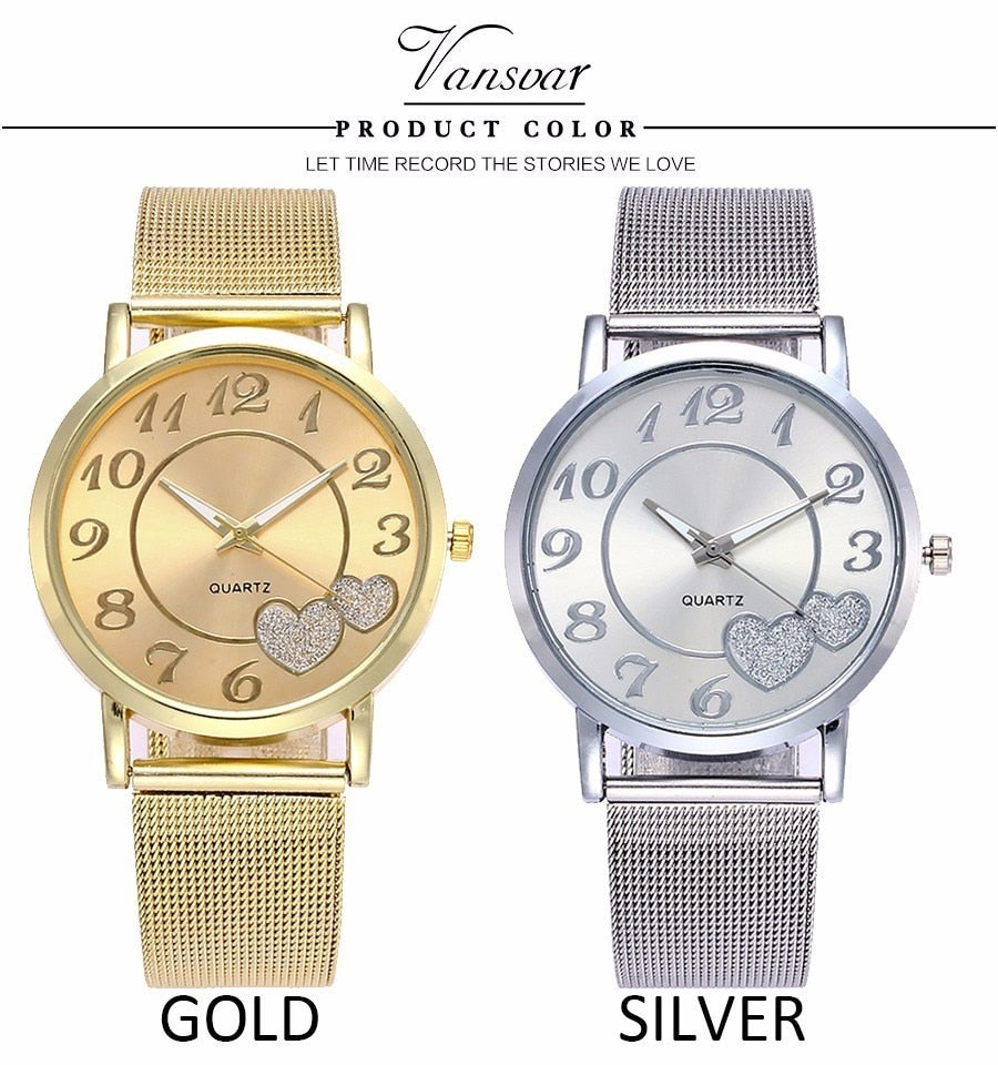 Women Silver & Gold Mesh Love Heart Dial Wristwatches