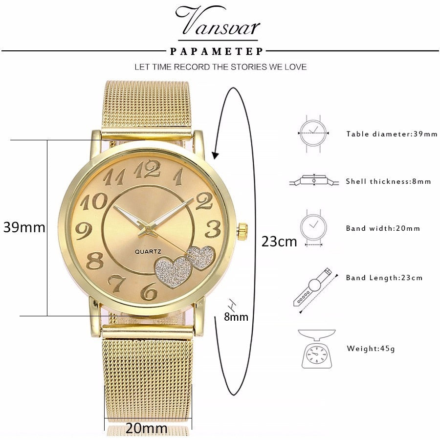 Women Silver & Gold Mesh Love Heart Dial Wristwatches