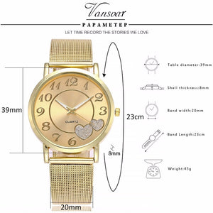 Women Silver & Gold Mesh Love Heart Dial Wristwatches