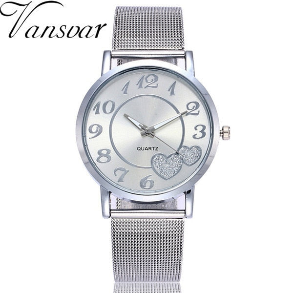 Women Silver & Gold Mesh Love Heart Dial Wristwatches