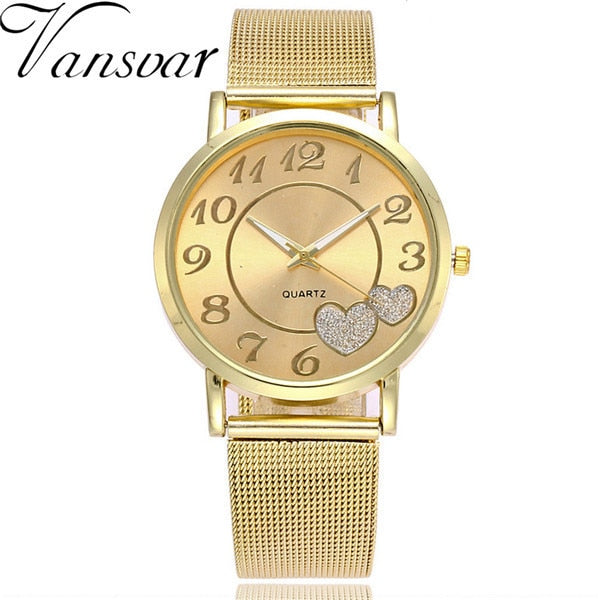 Women Silver & Gold Mesh Love Heart Dial Wristwatches