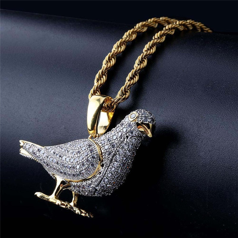 Iced Out Pigeon Pendant Necklace With Gold Chain