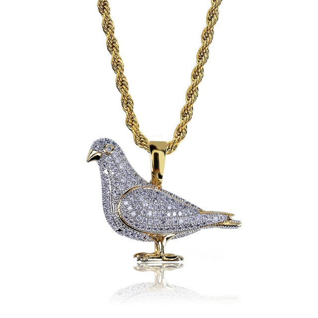 Iced Out Pigeon Pendant Necklace With Gold Chain