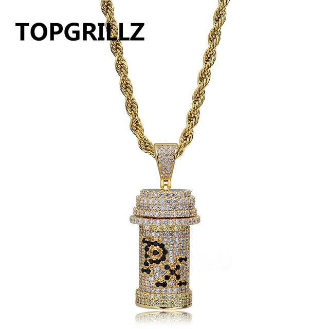 Hip Hop Detachable Medicine Bottle Pendant Necklace Jewelry Gold Silver Color Cubic Zircon