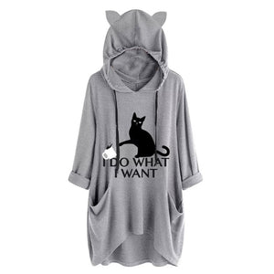 Oversize Women Casual Hoodies  Cat Ear Hooded Long Sleeves Roll Up Sleeve