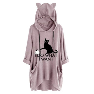 Oversize Women Casual Hoodies  Cat Ear Hooded Long Sleeves Roll Up Sleeve